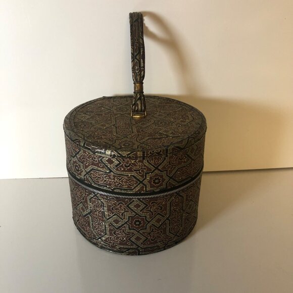 Vintage Round Tapestry Design Storage Box Carrier Vinyl Travel Luggage HandleZip - Picture 9 of 10